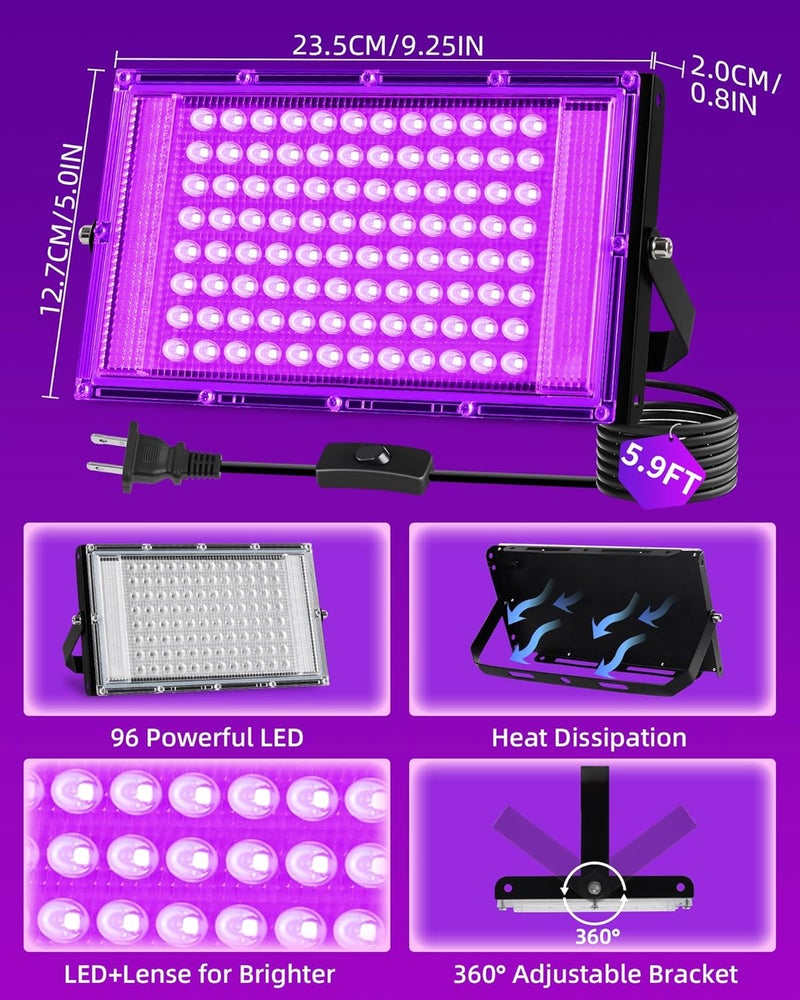THECHAM Store 100W LED Black Lights IP66 Waterproof Black Light Outdoor with 5.9ft Plug+Switch,Flood Blacklight for Halloween Glow in The Dark Party Stage Light Neon Glow Birthday 2 Pack - Image 3
